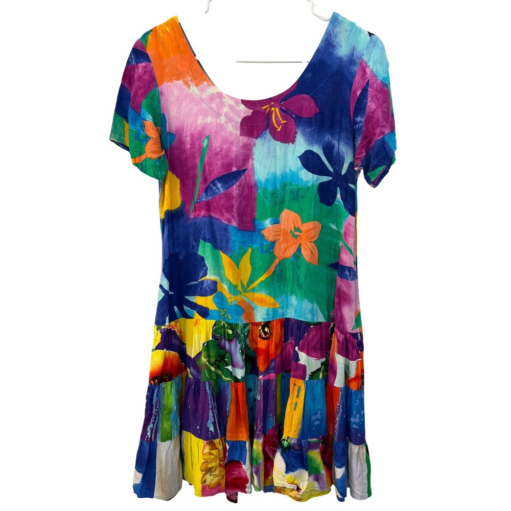 Jams World Womens XS Tiered Ruffle Mini Dress Floral Abstract Multi Color Hawaii